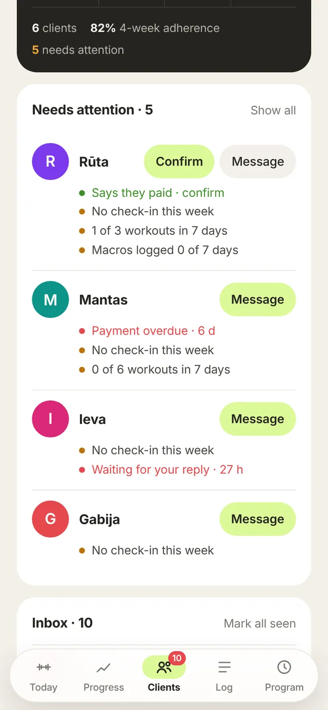 Needs attention: Rūta says she paid, Ieva is waiting for a reply, Mantas is late with a payment