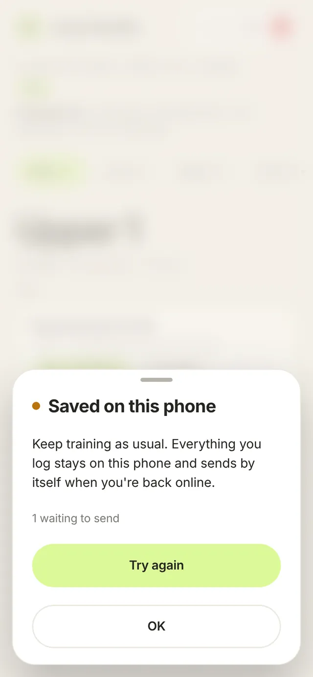 “Saved on this phone” sheet: keep training, 1 waiting to send, “Try again”