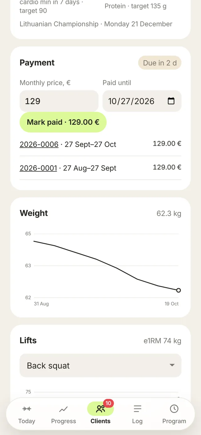 Coach side: monthly price, paid until, “Mark paid” and numbered confirmations