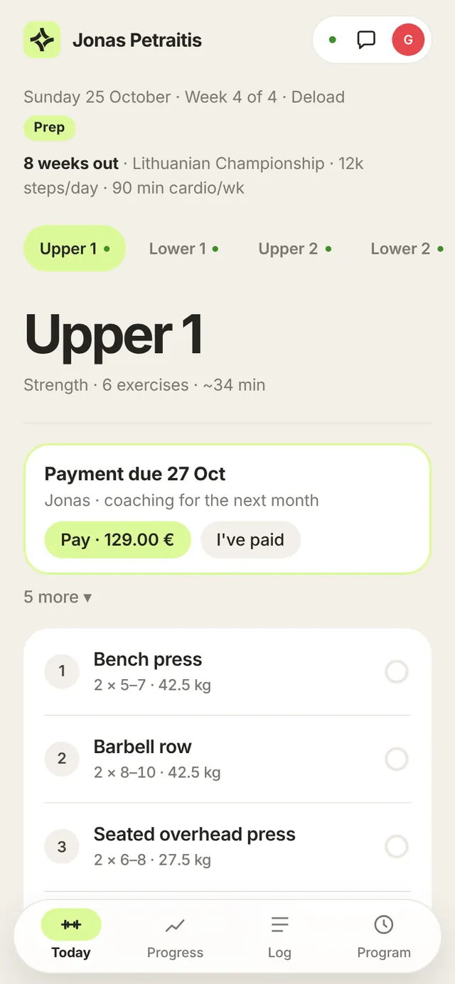 Client screen: today's workout, the phase, 8 weeks to the show and a payment reminder